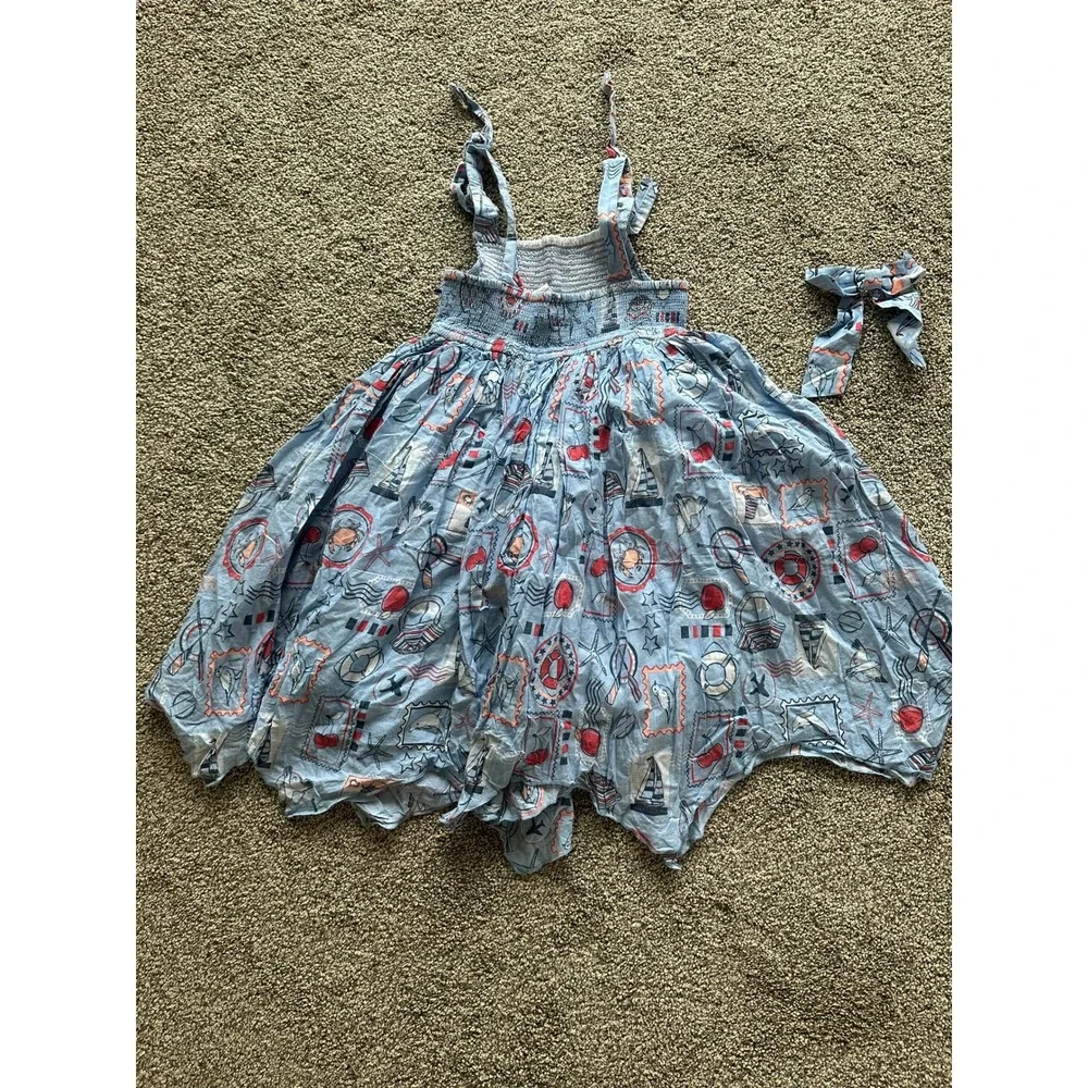 Tommy Bahama Girls Blue Nautical Stamp Print Smocked Handkerchief Dress Size 7